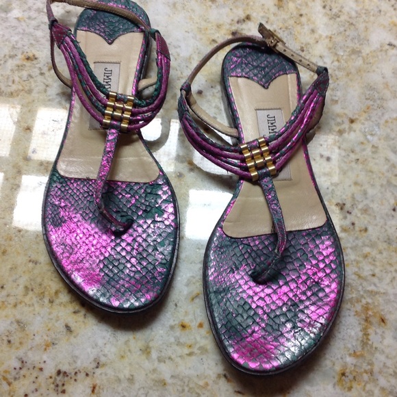 JIMMY CHOO Pink and green snake print sandals - Picture 1 of 4