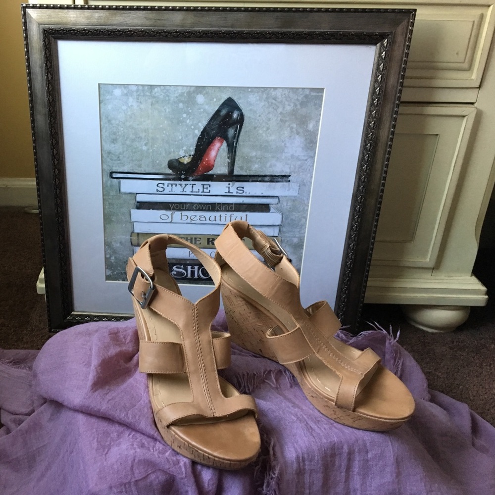 Brand New tan leather sandals with wedge heel