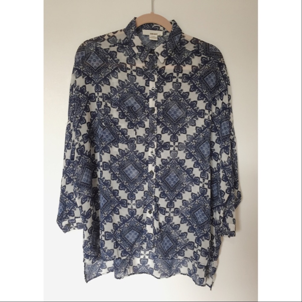 blue scarf-print button down