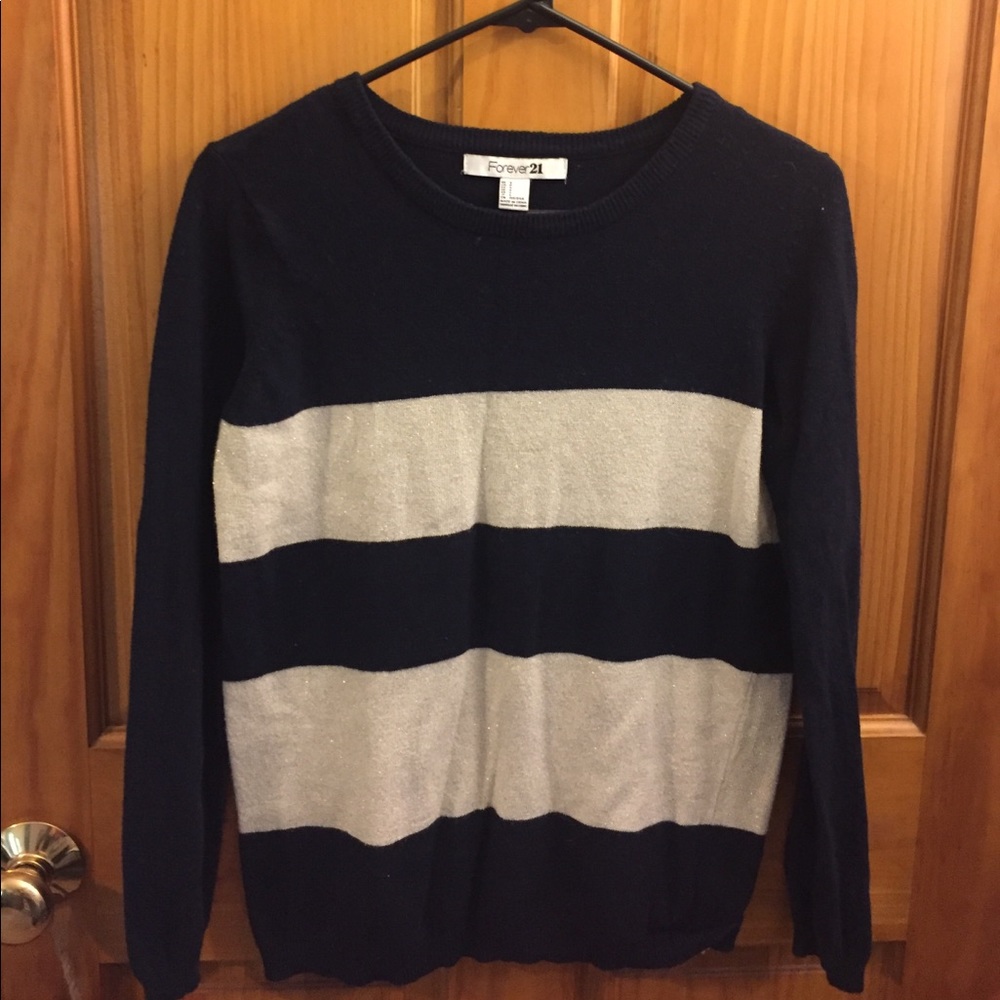 Navy Blue/Sparkly Gray Crew Neck Striped Sweater
