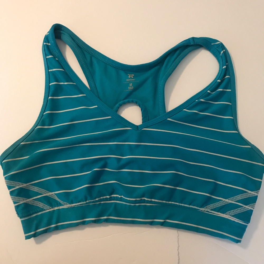 Turquoise blue and white striped sports bra