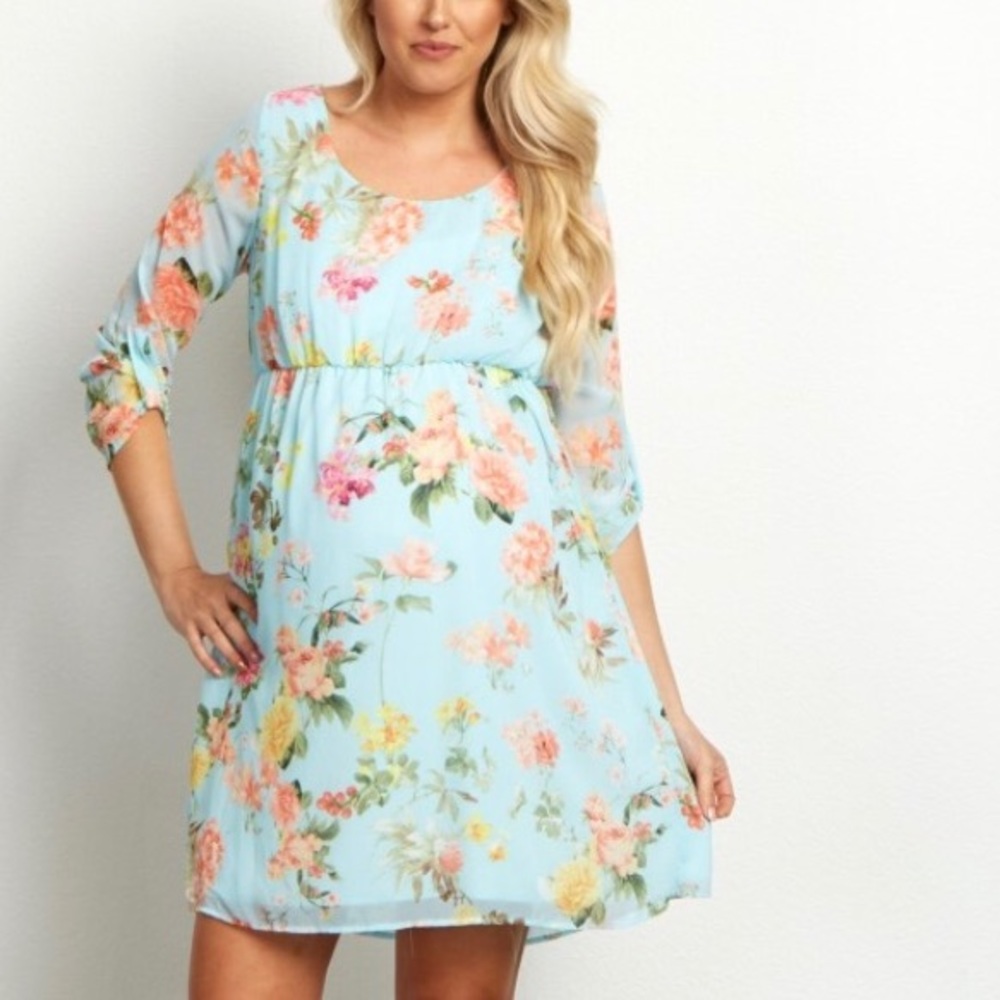 pink blush light blue floral 3/4 sleeve maternity