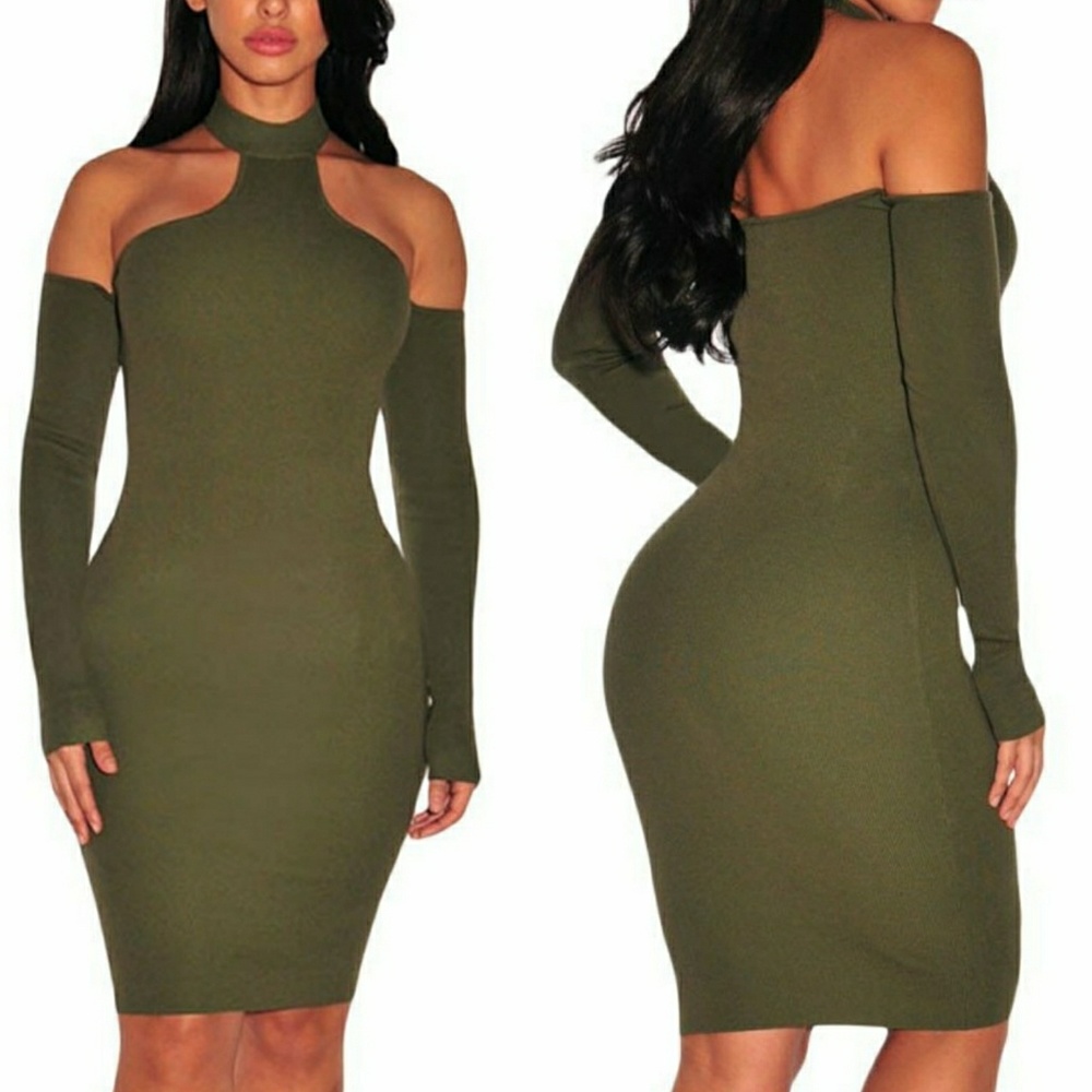 Army Green Choker Off Shoulder Dress