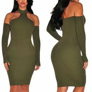 Army Green Choker Off Shoulder Dress