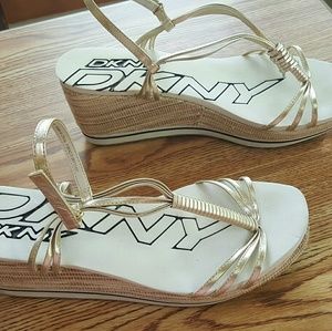 DKNY Gold Strappy Wedge Sandals