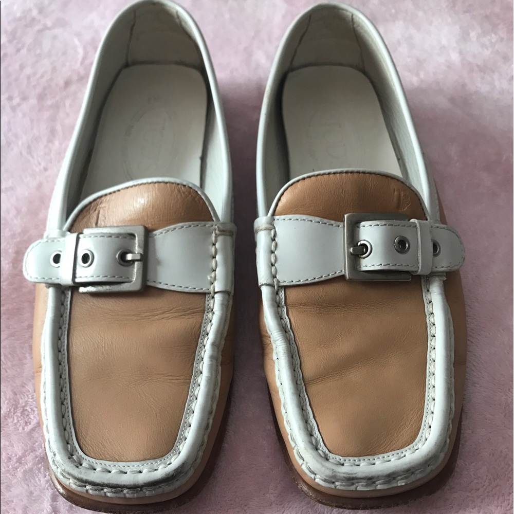 TODS white & tan leather loafers size 7
