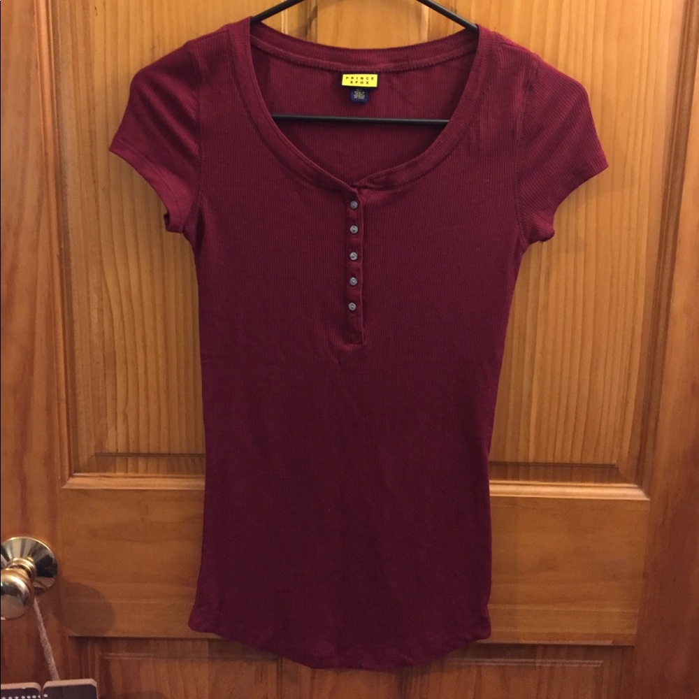 Red Ribbed Button Up Short Sleeve Tee