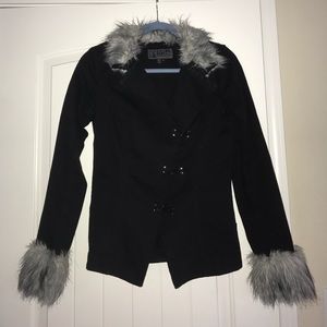 Black Coat with Faux Fir Collar and Sleeve Cuffs