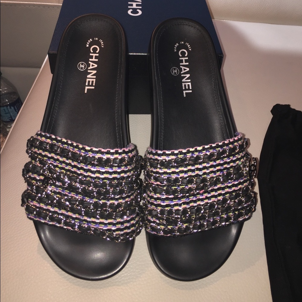 Chanel tweed/ chain Mules