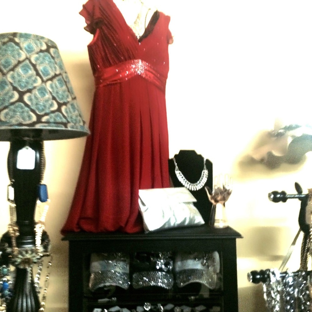 Beautiful red chiffon, satin and rhinestone dress.