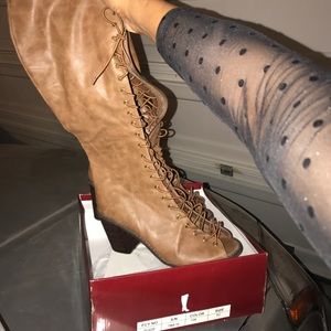 Knee high open toe boots- tan