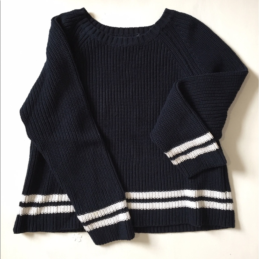 navy and white striped sweater