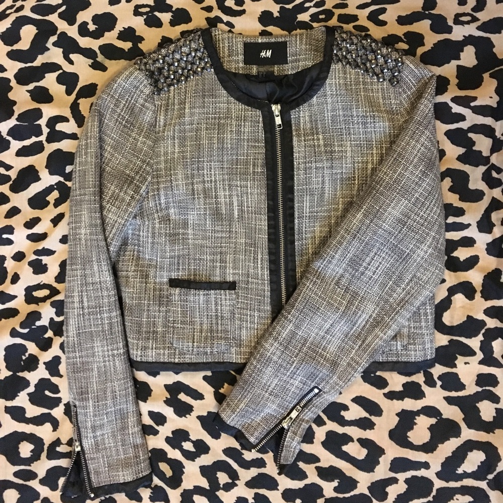 H&M tweed and rhinestone cropped jacket