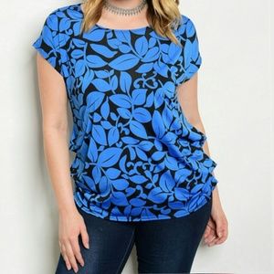 Sale Blue Black Floral Print Plus Size Top