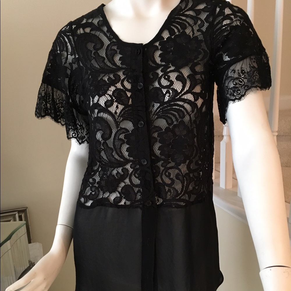 Black Lace and chiffon- like blouse, Size S.