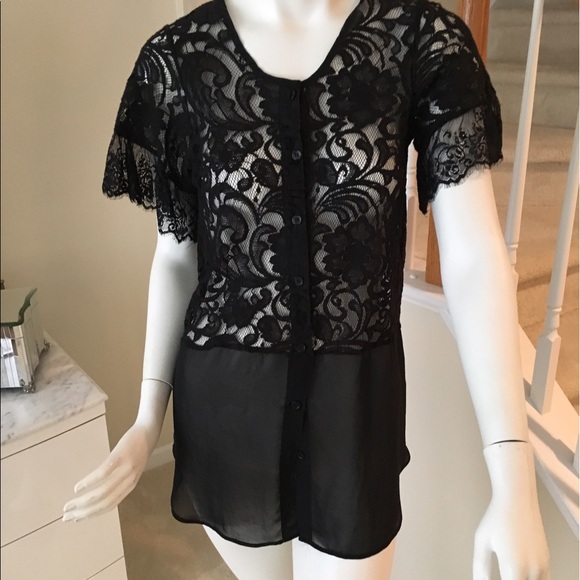Black Lace and chiffon- like blouse, Size S. - Picture 4 of 4
