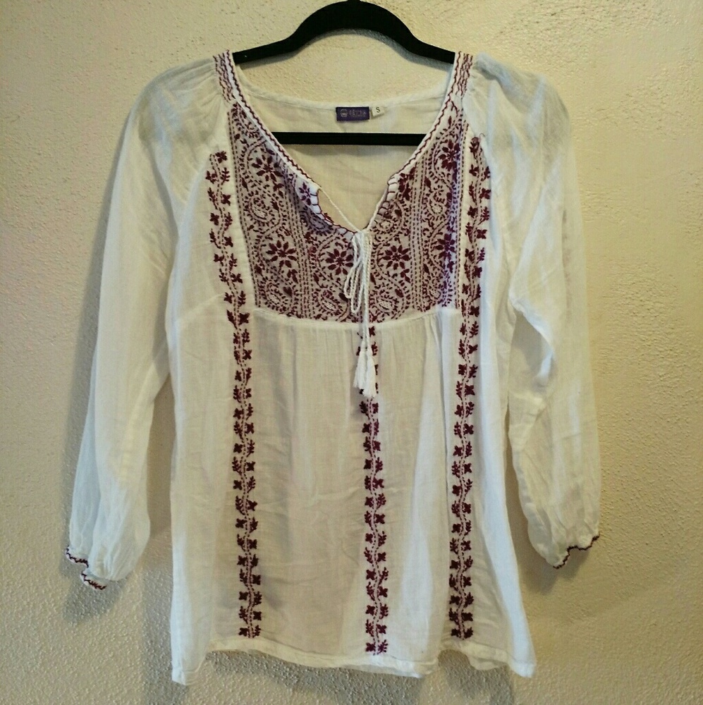Flowy handmade white/magenta peasant top