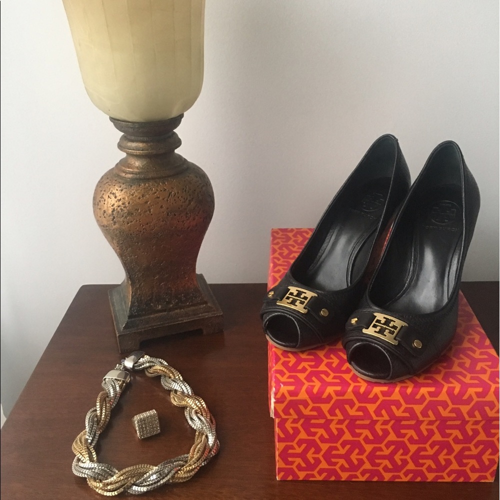 Tory Burch black Carnell wedges