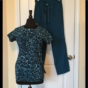 Teal leopard print scrub top