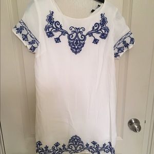 Lulu's White Blue Aztec Embroidered Dress