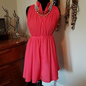Coral flared buttondown dress