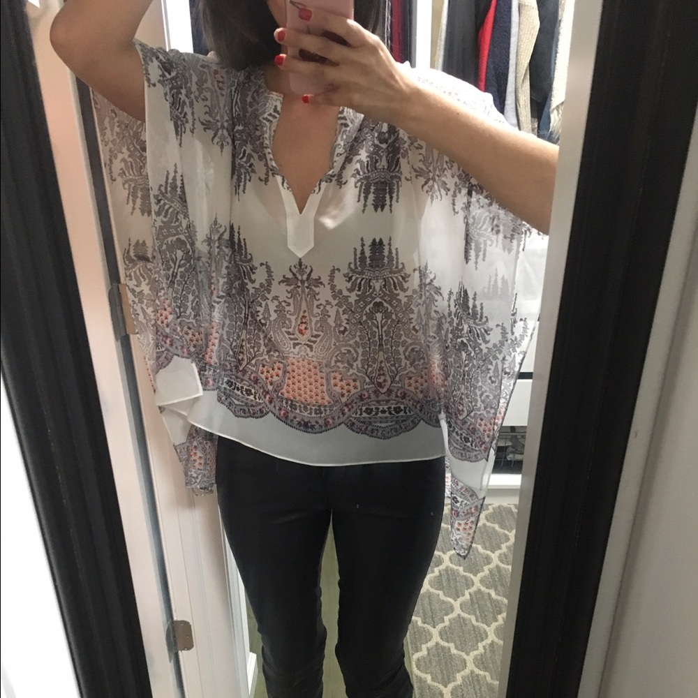 BCBG sheer tunic with orange and grey flowers 🌺