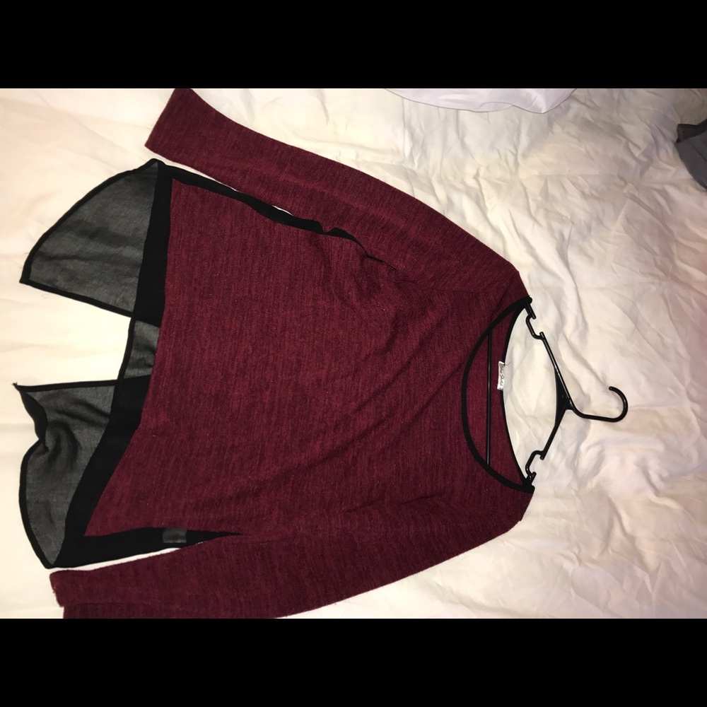maroon and black open back shirt