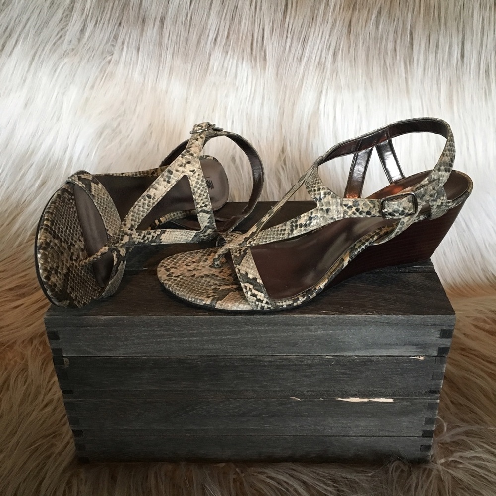 Snake print heeled wedges