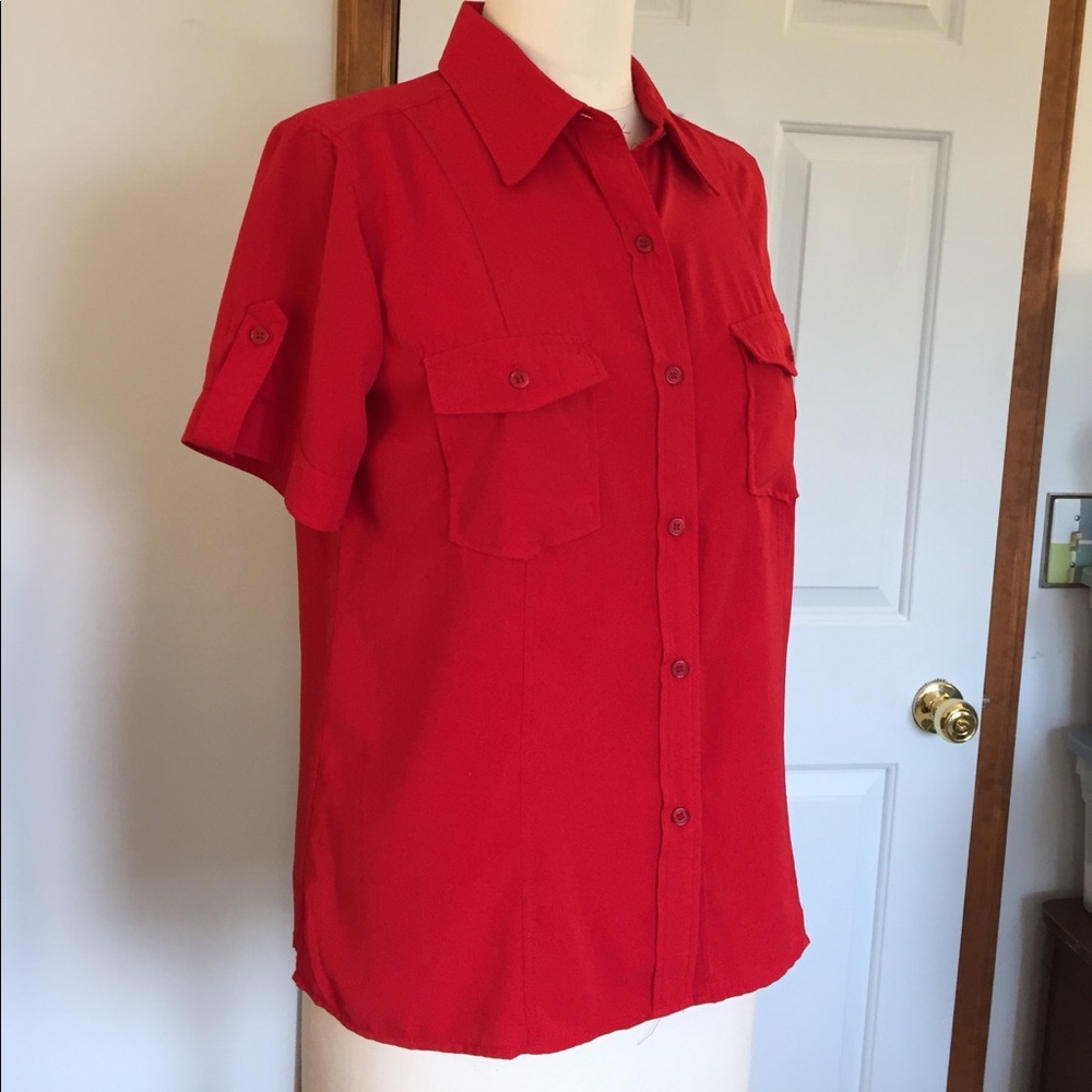 Easy care button up short sleeve red blouse.