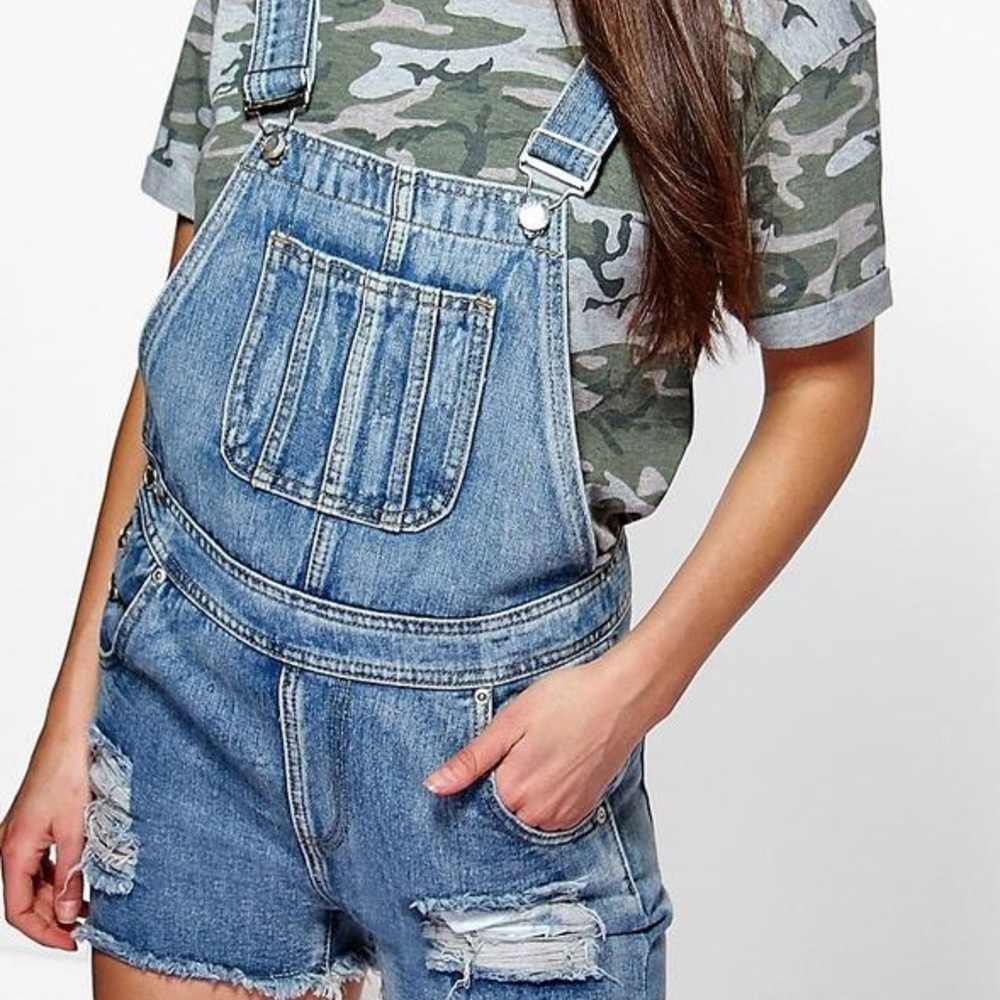 Boohoo Blue Denim Destroyed Overall Shorts