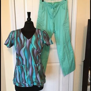 Pastel colored abstract designed scrub set