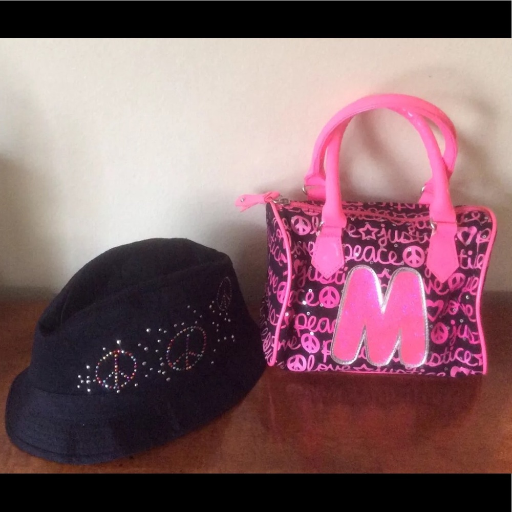 Girls justice peace sign hat and Initial M purse
