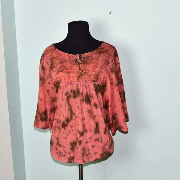 Tops - Gorgeous Coral & Brown Tie Dye Embroidered Top