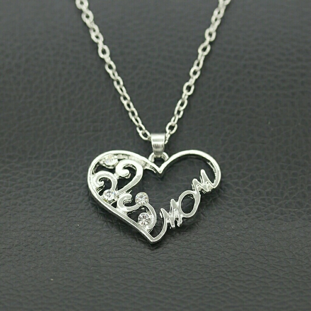 Mom Charm Silver Crystal Heart Pendant Necklace