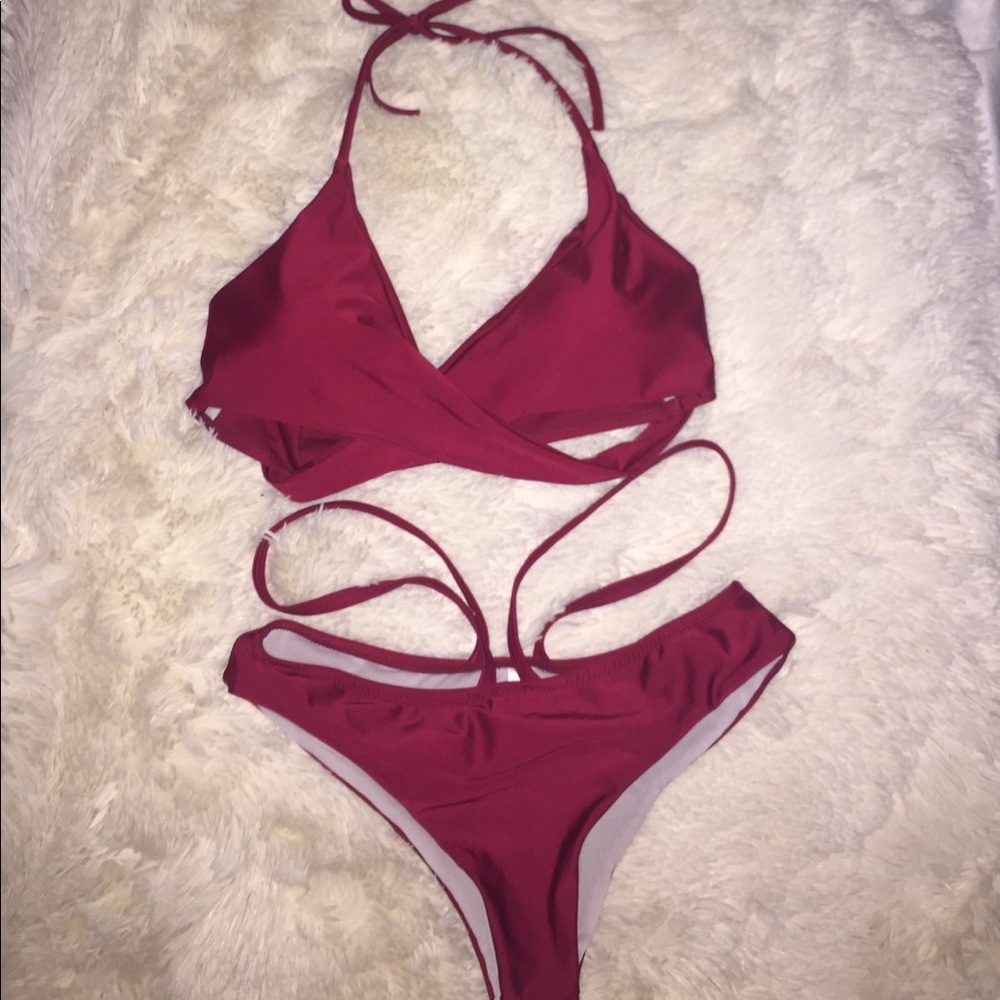 Red strappy two piece bikini set