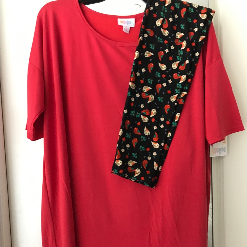 Lularoe Small red Irma with OS leggings outfit