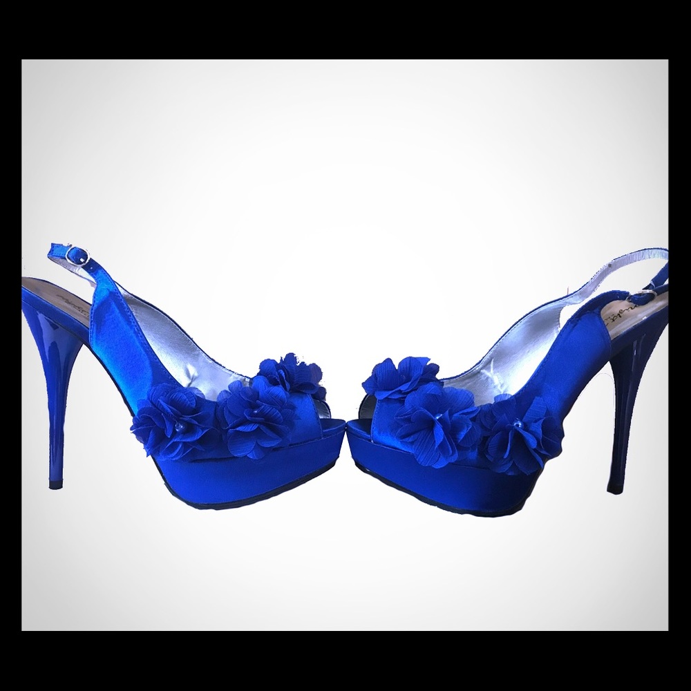 Royal blue satin slingback stilettos