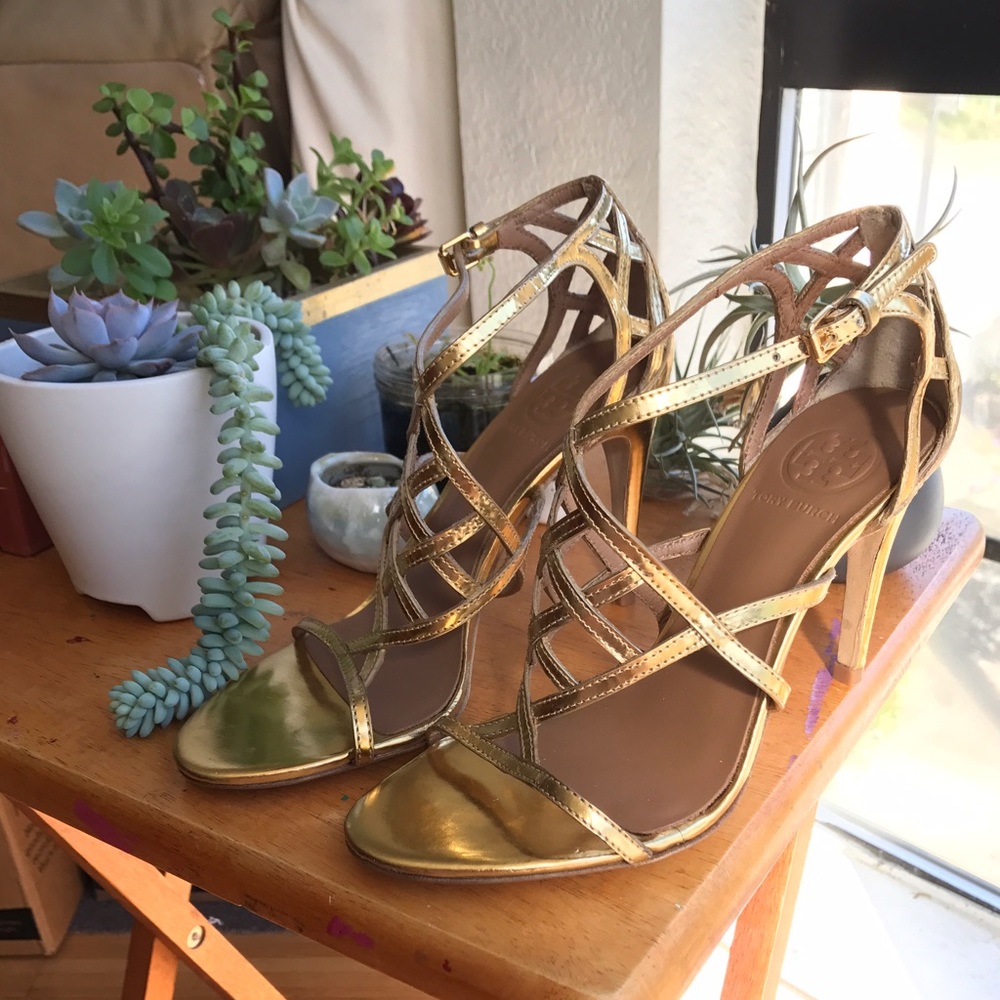 Tory Burch Amalie gold cage heels