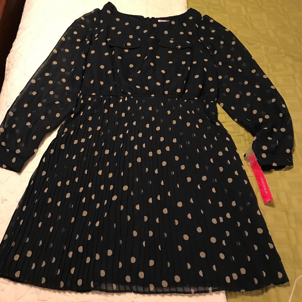 Navy and tan polka dot dress