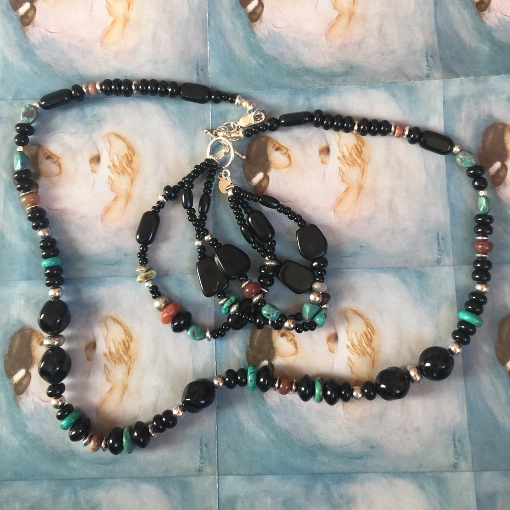 Sterling Silver Obsidian & Turquoise Set - Picture 3 of 8