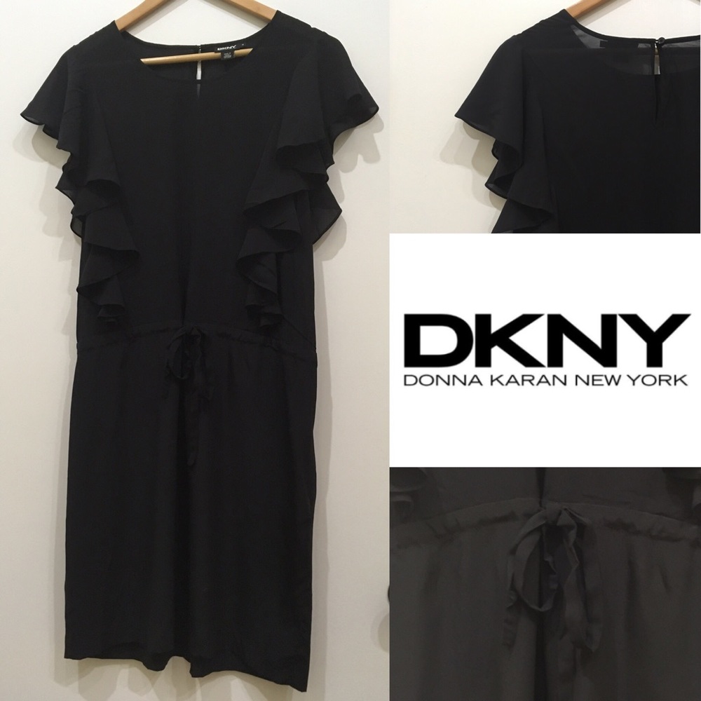 DKNY SMART BLACK SILK DRESS W/ RUFFLES & TIE WASTE