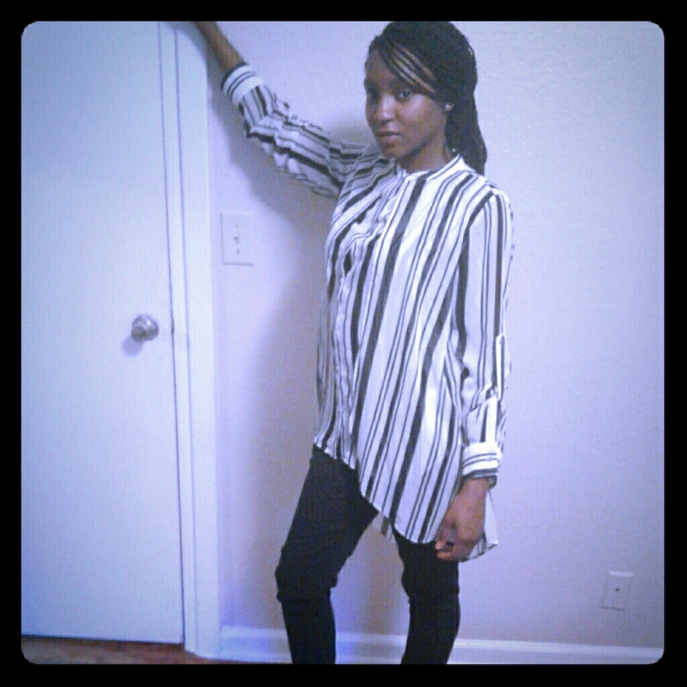 Sheer White and Black Stripe Blouse - Picture 1 of 3