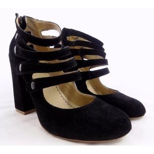 BP Black Suede 5 Strap Mary Jane Chunky Heels