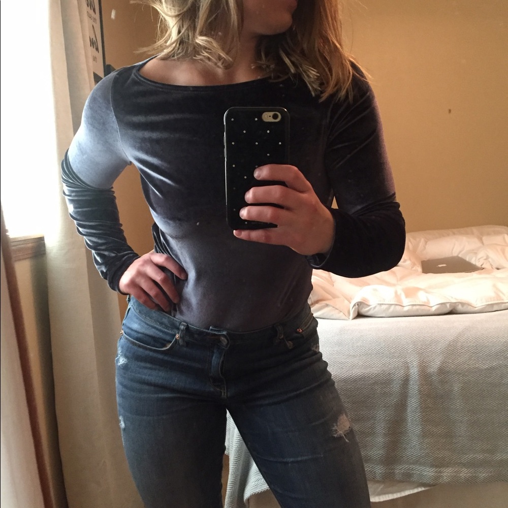 Velvet Long Sleeved Body Suit | Dark Gray