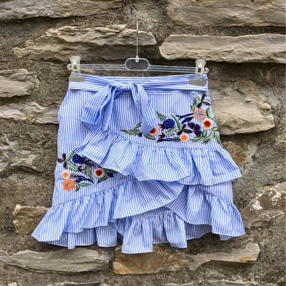 Embroidered Pinstripe Ruffle Wrap Skirt - Picture 3 of 4