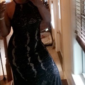 Nude/black lace prom dress