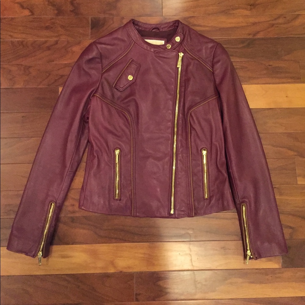 Michael Kors burgundy leather moto jacket