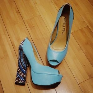 Teal Embroidered Platform Heel