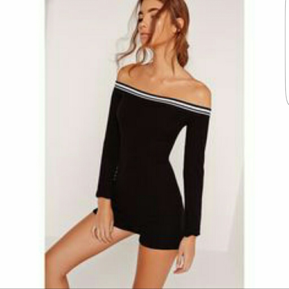 MISSGUIDED OLIVE OFF SHOULDER STRIPED ROMPER