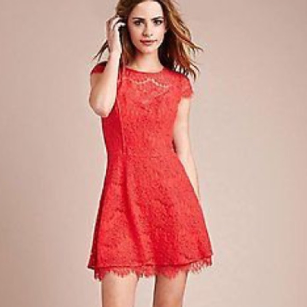 Red lace cap sleeve dress